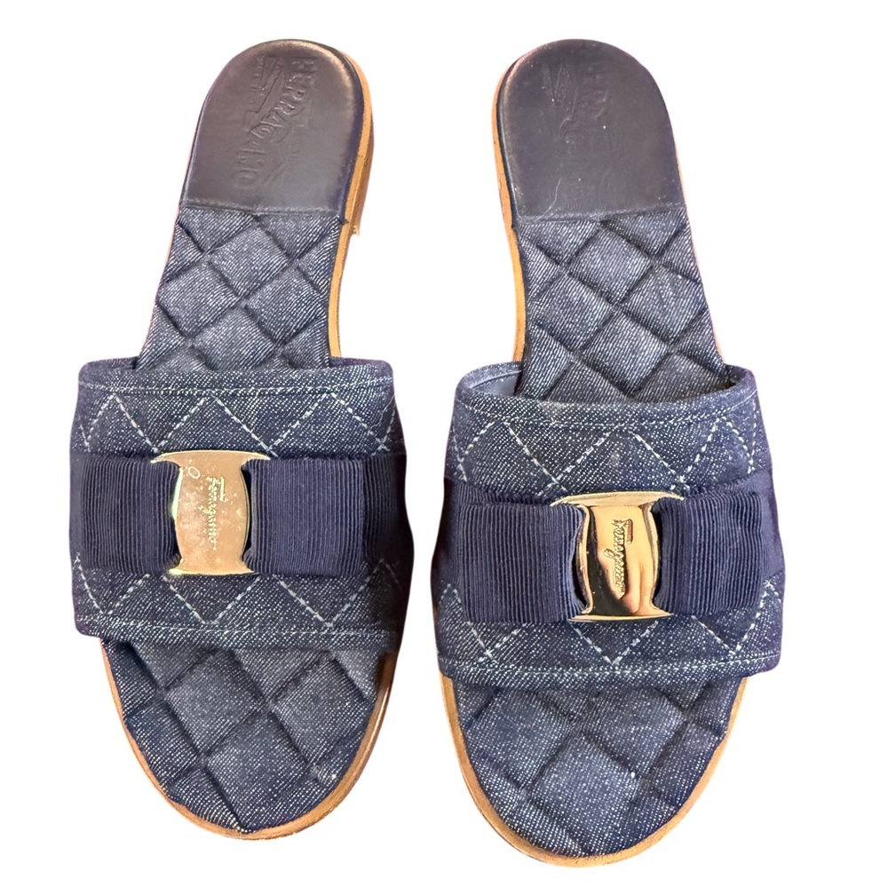 Salvatore Ferragamo Blue Quilted Sandals with Bow - Picture 2 of 7